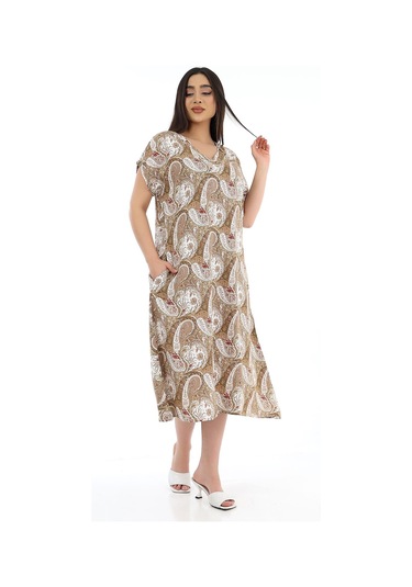 Schık Kadın Viskon Yarım Kol V Yaka Halkalı Cepli Elbise Kahve Kahverengi