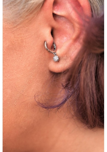Gümüş Yuvarlak Figür Zirkon Taş Çelik Piercing Tragus Helix Kıkırdak Küpesi-0vp165