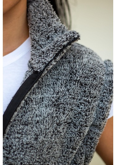 Kadın Gri Peluş Welsoft Kalın Fermuarlı Hakim Yaka Yelek 23kylkmy10 001