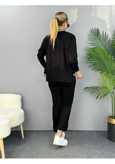 Kadın Iki Iplik Penye Kumaş Fermuar Detaylı Ribanalı Ikili Takım Siyah