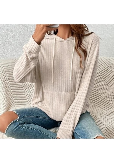 Gmxıa Kadın Modası Rahat Düz Renk Baskı Sonbahar Kış Uzun Kollu Kapşonlu Gevşek Pit Kanguru Cepli Kapşonlu Yeşil