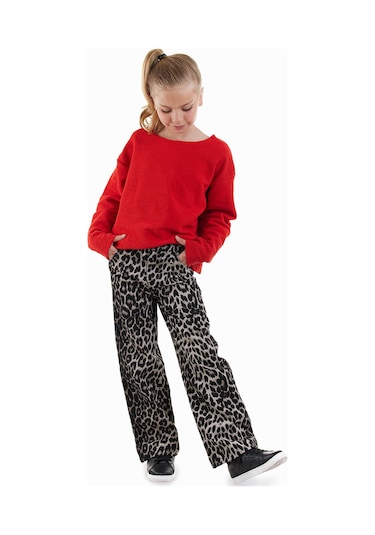 Denokids Leopar Desenli Kız Çocuk Gabardin Pantolon Renkli