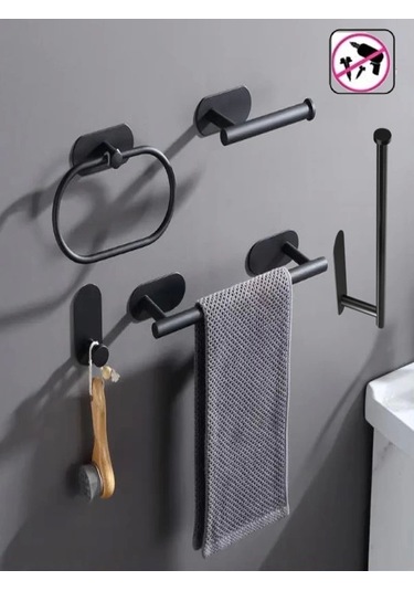 Kendinden Yapışkanlı Banyo Seti 5 Li Mat Siyah Mat Siyah