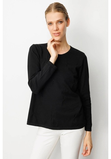 Desen Triko Kadın Sıfır Yaka Önü Pileli Boncuklu Ligralı Bluz 25095 Siyah Siyah