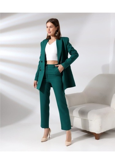 Kadın Kruvaze Blazer Ceket Pamuklu Atlak Kumaş Pantolon Takım Elbise Koyu Yeşil Koyu Yeşil