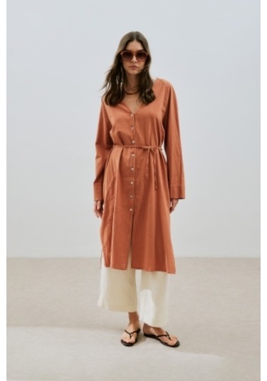 Dokulu Düğmeli Uzun Tunik Tarçın Tarçın