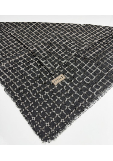Eripek Desenli Flamalı Keten Eşarp- 06112 Siyah-Vizon