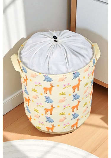 İronika Animals Büzgülü Sepet Oyuncak Çamaşır Havlu Sepeti Yuvarlak Temiz Kirli Çamaşır Sepeti Sarı