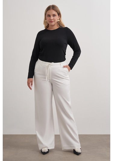 Beli Lastikli Geniş Paça Pantolon-6186 Beyaz