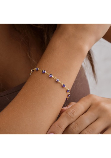 Queen Silver Jewelryy 925 Ayar Gümüş Lacivert Sıralı Nazar Bocuklu Bileklik Altın