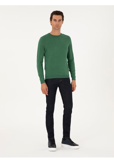 Cacharel Açık Yeşil Slim Fit Yün Karışımlı Bisiklet Yaka Basic Triko Kazak Acık Yesıl