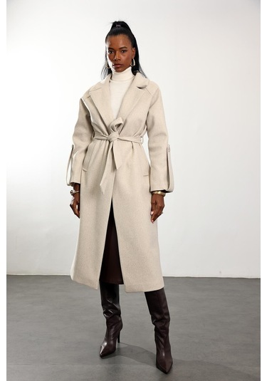 Bej Kuşaklı Kaşe Palto 1146 Bej
