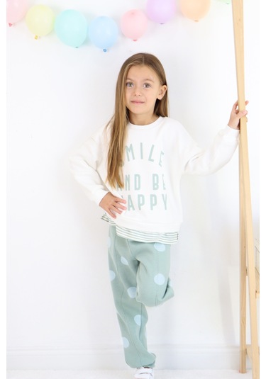Kız Çocuk Smile And Happy Baskılı Kalın Eşofman Takımı Beyaz