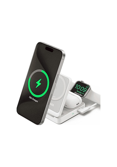 Anker Maggo Katlanabilir 3'ü 1 Arada Kablosuz Şarj İstasyonu Beyaz