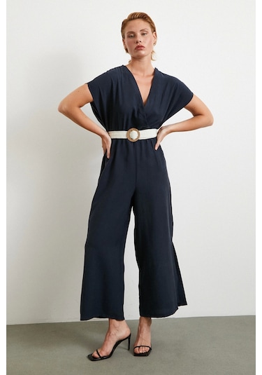 Kemer Detaylı Yarasa Kol Tulum Lacivert Lacivert