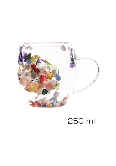 Porsima 2090 Leafy Çift Cidarlı Cam Kupa Çay Kahve Kupası Isı Yalıtımlı Kulplu Cam Bardak 250ml Şeffaf