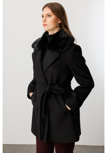 Ekol Kadın Büyük Beden Yakası Kürklü Kaban 6333 Siyah Siyah