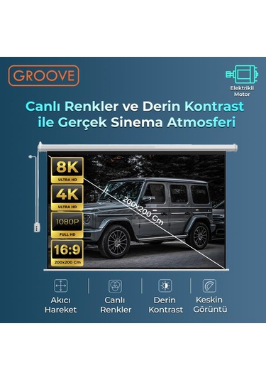 Groove Vizio Pro 200x200cm Blackout Işık Geçirmez Elektrikli Otomatik Kumandalı Projeksiyon Perdesi +motorlu+canlı Renkler+göz Koruması+leke Tutmaz Projector