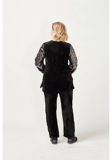 3232 Siyah Kadife Kolu Disko Payetli Büyük Beden Bluz Siyah