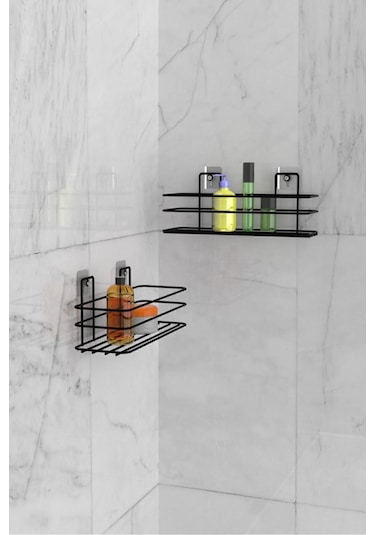 Eva Metal Tasarim Banyo Düzenleyici Şampuanlık Sabunluk Yapışkanlı 2 Adet Banyo Rafı Mat Siyah Duş Rafı Organizer Siyah