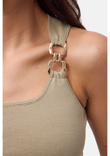 Kadın Haki S6-106 Aksesuar Detaylı Crop Bluz