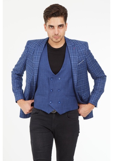 Sposo 5140 Yelekli Dar Kalıp Açık Laci Ekose Erkek Blazer Ceket Açık Lacivert
