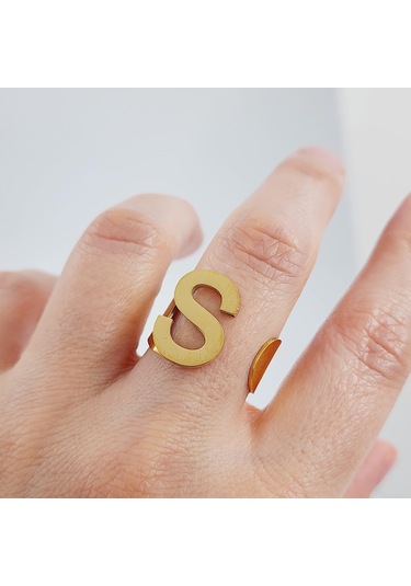 Çelik Gold Düz Kesim Harf Yüzük -s Harfi- Ayarlı Ölçü-1906