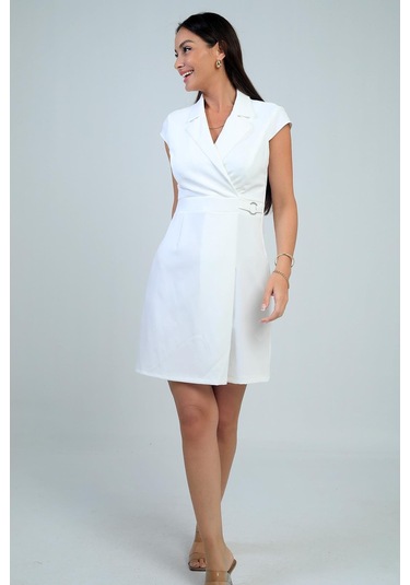 Kadın Kruvaze Yaka Toka Detaylı Eteği Pileli Likralı Krep Elbise-41677 Ekru