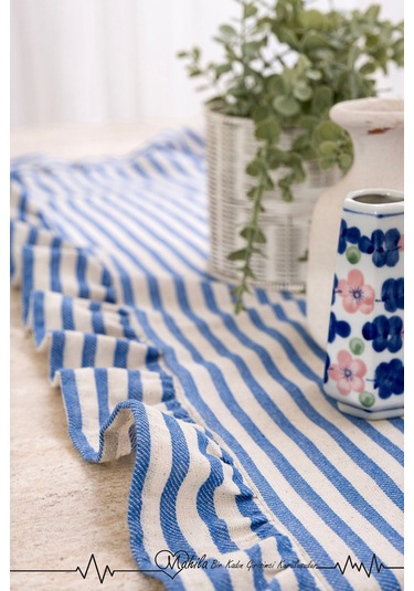 Lacivert Çizgili 40x125 Şık Tasarım Ekstra Büyük Fırfırlı Runner, %100 Keten Runner Bej