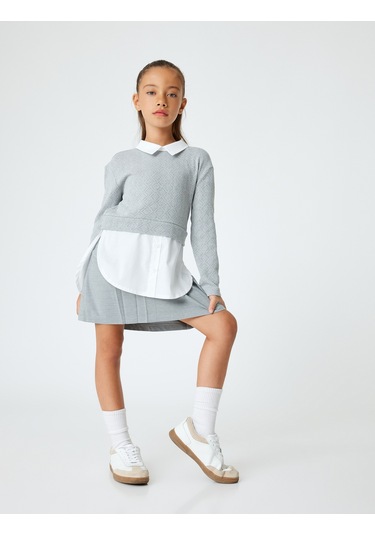 Koton Gömlek Detaylı Sweatshirt Çift Kumaş Detaylı Gri 5wkg10349ak Gri