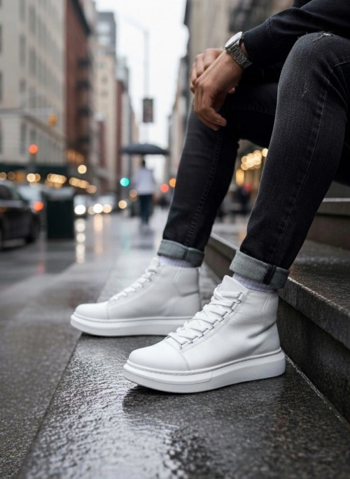 Ba0713 Bağcıklı Beyaz Yüksek Taban Erkek Tarz Spor Bot Beyaz