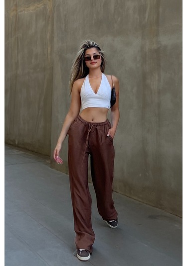 Pembe Keten Karışımlı Bol Kesim Pantolon Kahverengi
