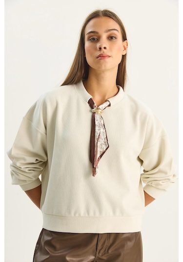 Shade Kadın Fular Detaylı Pamuklu Ottoman Sweatshirt 6931 60283689 - Bej