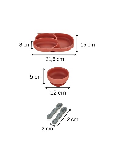 3'lü Silikon Bebek Beslenme Seti / Bölmeli Mama Tabağı / Mama Kasesi / Mama Kaşığı - Kiremit Rengi Kiremit