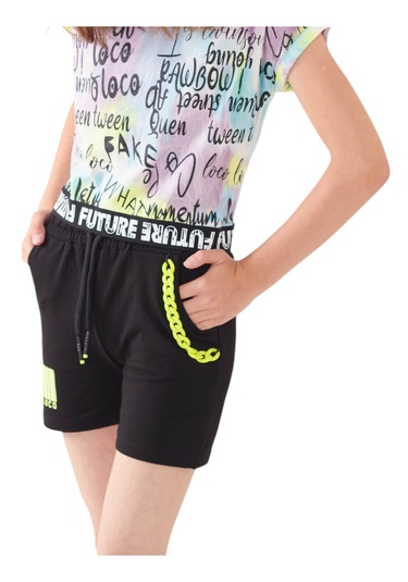 Kız Çocuk Future Yazılı Crop Tişört Zincir Detay Şortlu Takım Lila