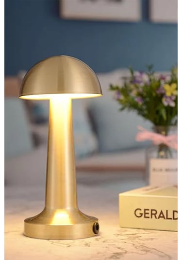 Mantar Model Retro Masa Lambası Gold Altın Renkli Dimmerli Şarjlı