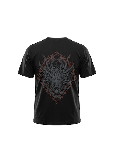 Dark Line Sırt Baskılı %100 Pamuk Oversize T-shirt Ejder Siyah