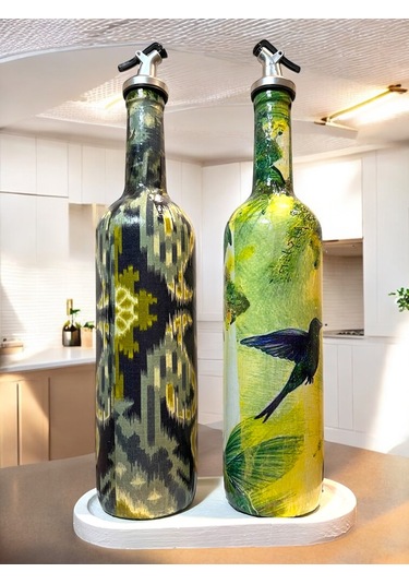 Geleneksel Desenler Ve Yerli Kadın Temalı Yağdanlık, Sirkelik Ve Sosluk Seti Vintage Mutfak Dekor Açık Yeşil