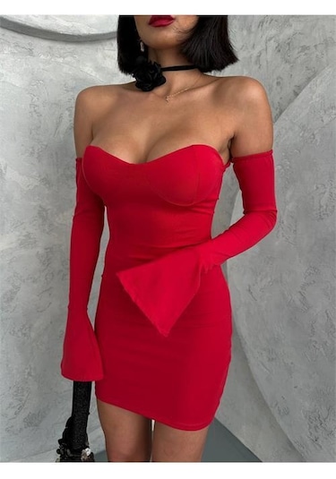 Dip Moda Kadın Kırmızı Volanlı Mini Kol Fırfırlı Elbise Dpnbdf094 Kırmızı