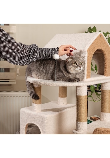 Raikou Karamel Kedi Ağacı 3 Katlı Tırmalama Direği Yatak ve Oyuncaklar
