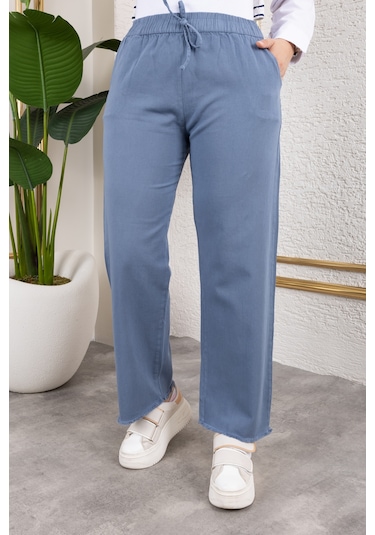 Beli Lastikli Keten Pantolon - Mavi / A0104 Mavi