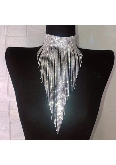 Bohem Etnik Kristal Zincirli Püskül Gerdanlık Kolye Gümüş