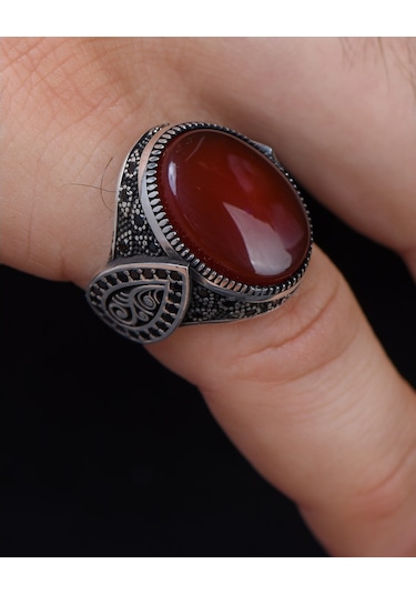 Gümüş Erkek Yüzük Akik Taşlı Mikro Taş Süslemeli