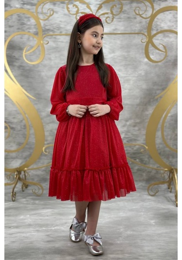 Zarif Simli Kız Çocuk Kırmızı Elbise 001