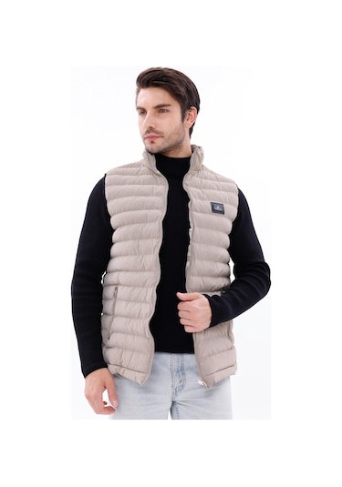 Erkek Nova Kumaş Şişme Yelek Hafif Dolgulu Fermuarlı Cepli Su İtici Rahat Kalıp Krem