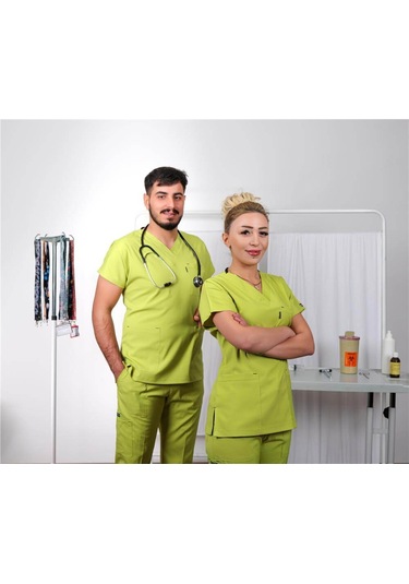 Likralı Cerrahi Forma Unisex Hemşire Doktor Sağlıkçı Forması Scrubs Üniforma Yağ Yeşili