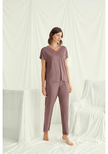 Monamise 18512 Kadın V Yaka Kısa Kollu Pijama Takımı-kahve Kahve