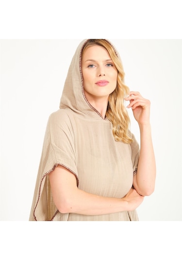 Miespiga Unisex Müslin Kapüşonlu Surf Yetişkin Panço-Bej-Standart Bej