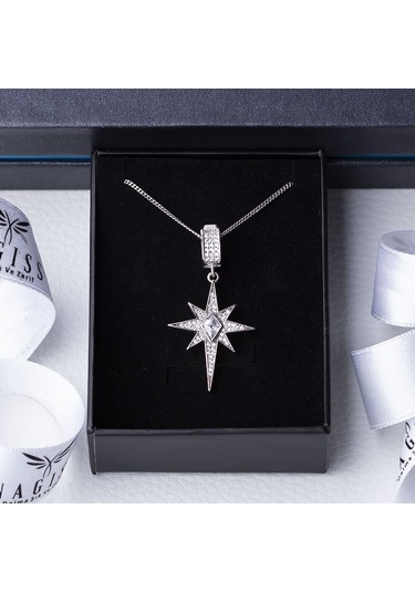 Kuzey Kutup Yıldızı Model-2 Zirkon Taşlı 925 Ayar Gümüş Kadın Kolye Gümüş - Rodyum