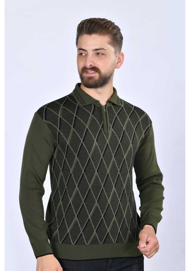 Kamalı Erkek Çelik Örgü Baklava Desenli Gömlek Yaka Fermuarlı Polo Yakalı Tüylenmez Triko Kışlık Baba Kazak Haki